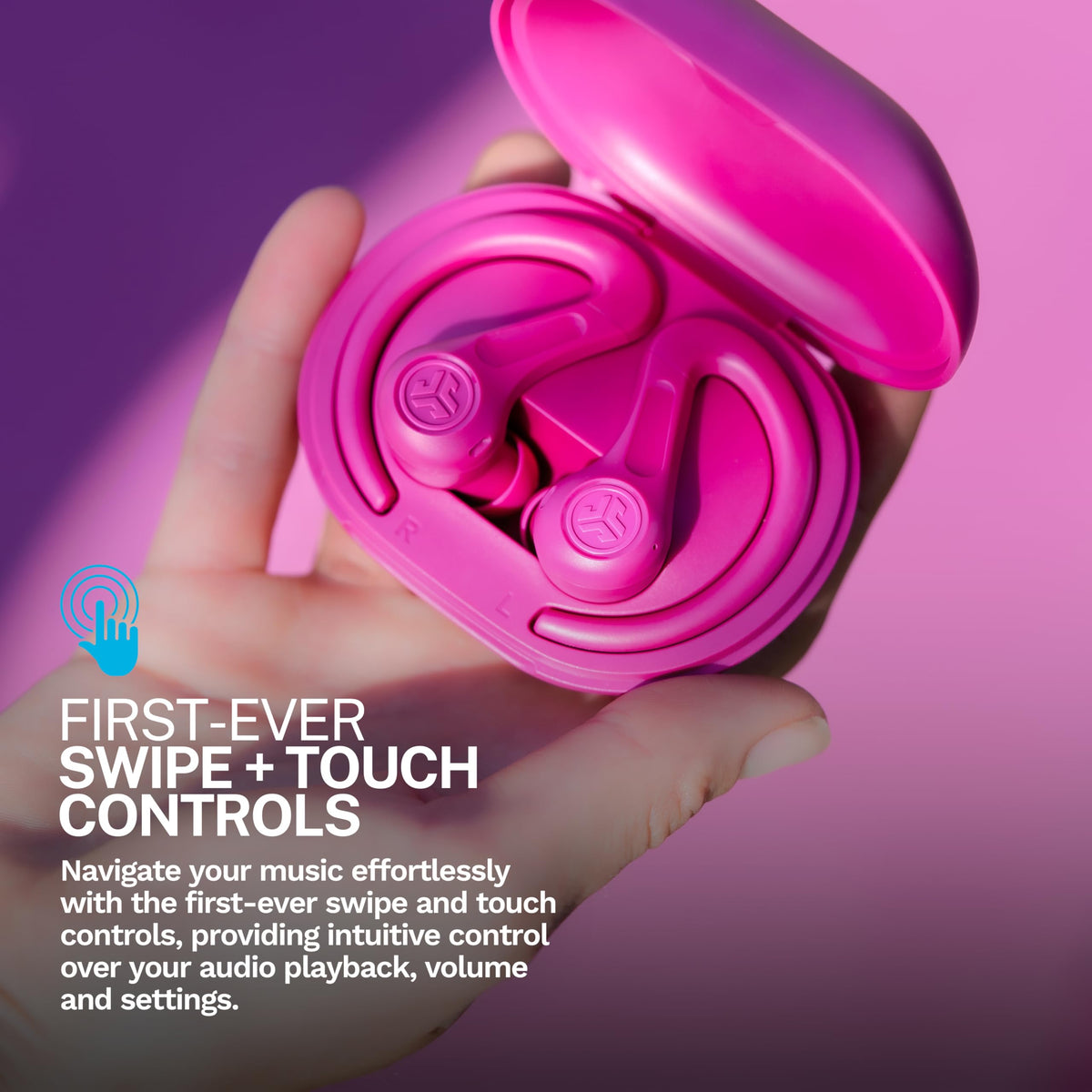JLab JBuds Sport ANC 4 pink charging case open, highlighting convenient full-day power.