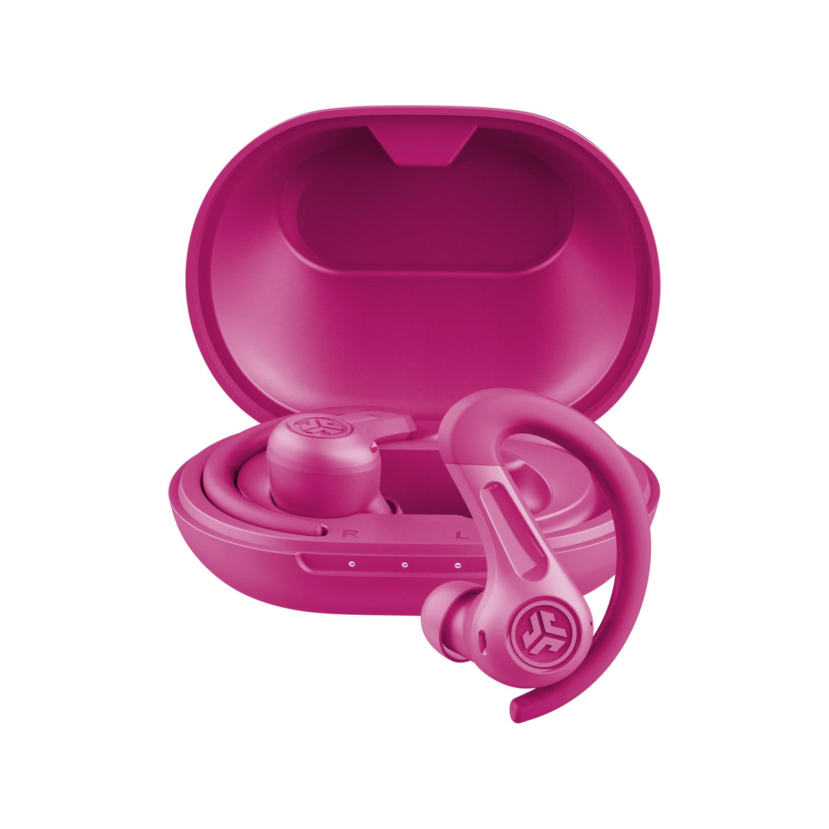 JLab JBuds Sport ANC 4 pink earbuds closeup for secure, comfortable wear during workouts.