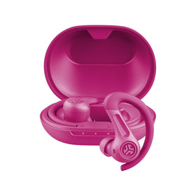 JLab JBuds Sport ANC 4 pink earbuds closeup for secure, comfortable wear during workouts.