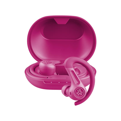 JLab JBuds Sport ANC 4 pink earbuds closeup for secure, comfortable wear during workouts.