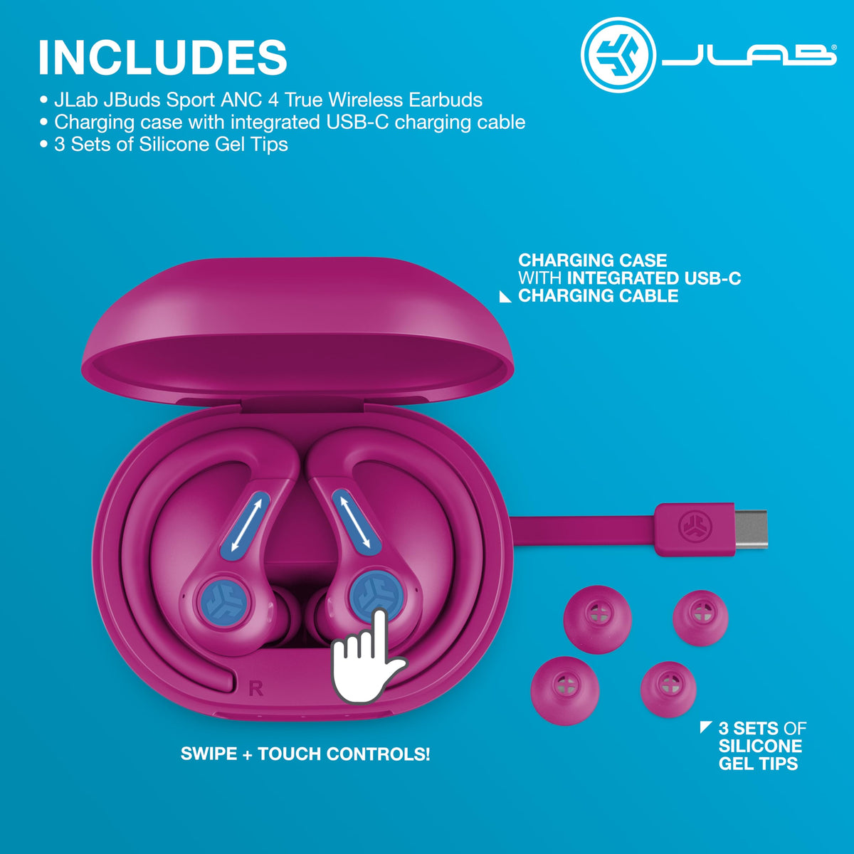 JLab JBuds Sport ANC 4 pink in-use during a workout with secure fit.