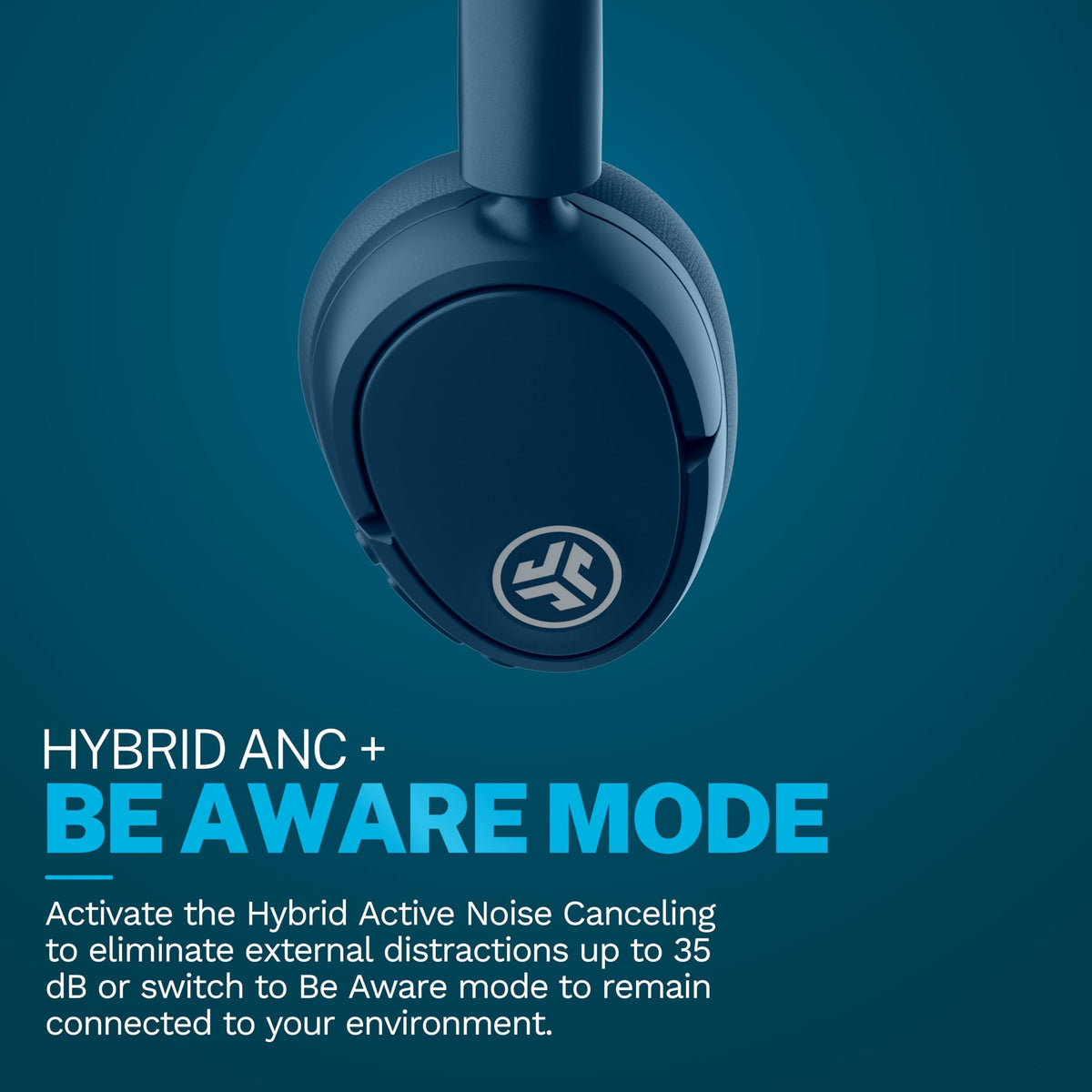 JLab Lux ANC navy earcup close-up highlighting Cloud Foam padding