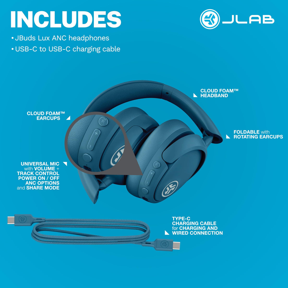 JLab Lux ANC navy in-use on a plane for travel listening