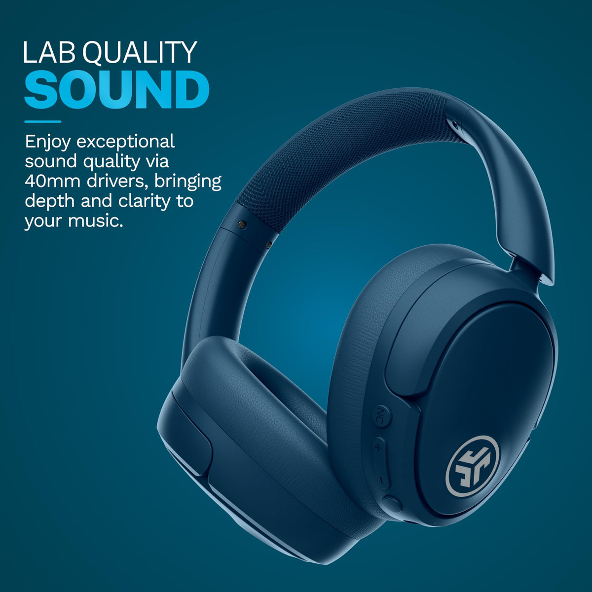 JLab Lux ANC navy side view with controls for adaptive listening