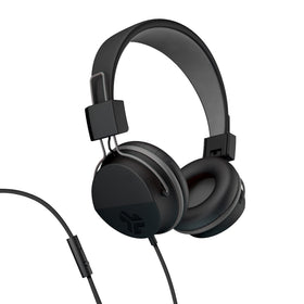 JLab Neon folding on-ear headphones folded for compact travel and storage.