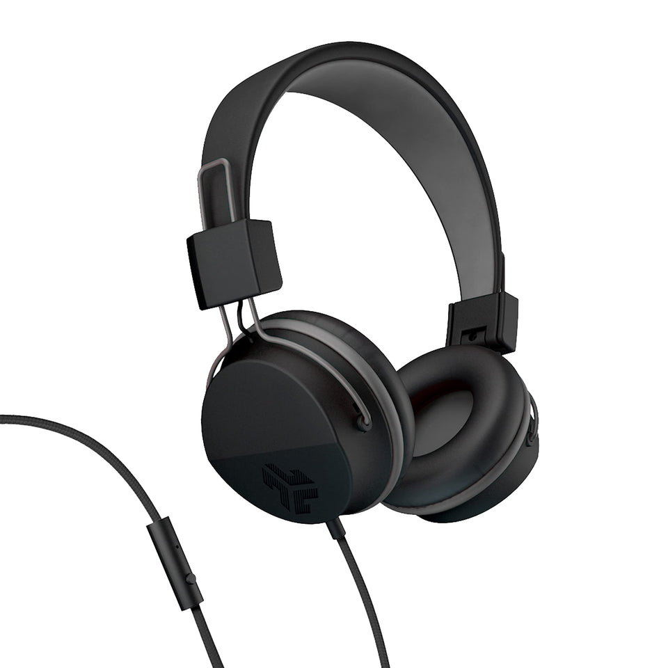 JLab Neon folding on-ear headphones folded for compact travel and storage.