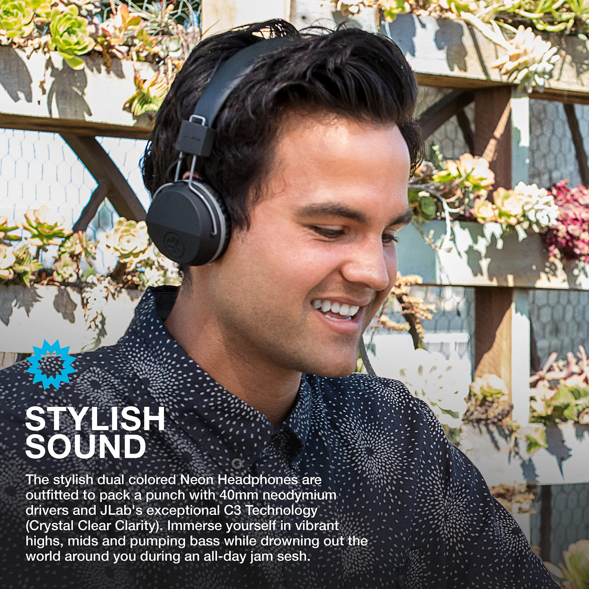 JLab Neon headphones showing 80-degree rotation for easy and comfortable fit.