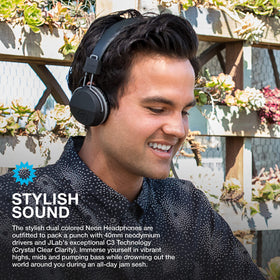 JLab Neon headphones showing 80-degree rotation for easy and comfortable fit.