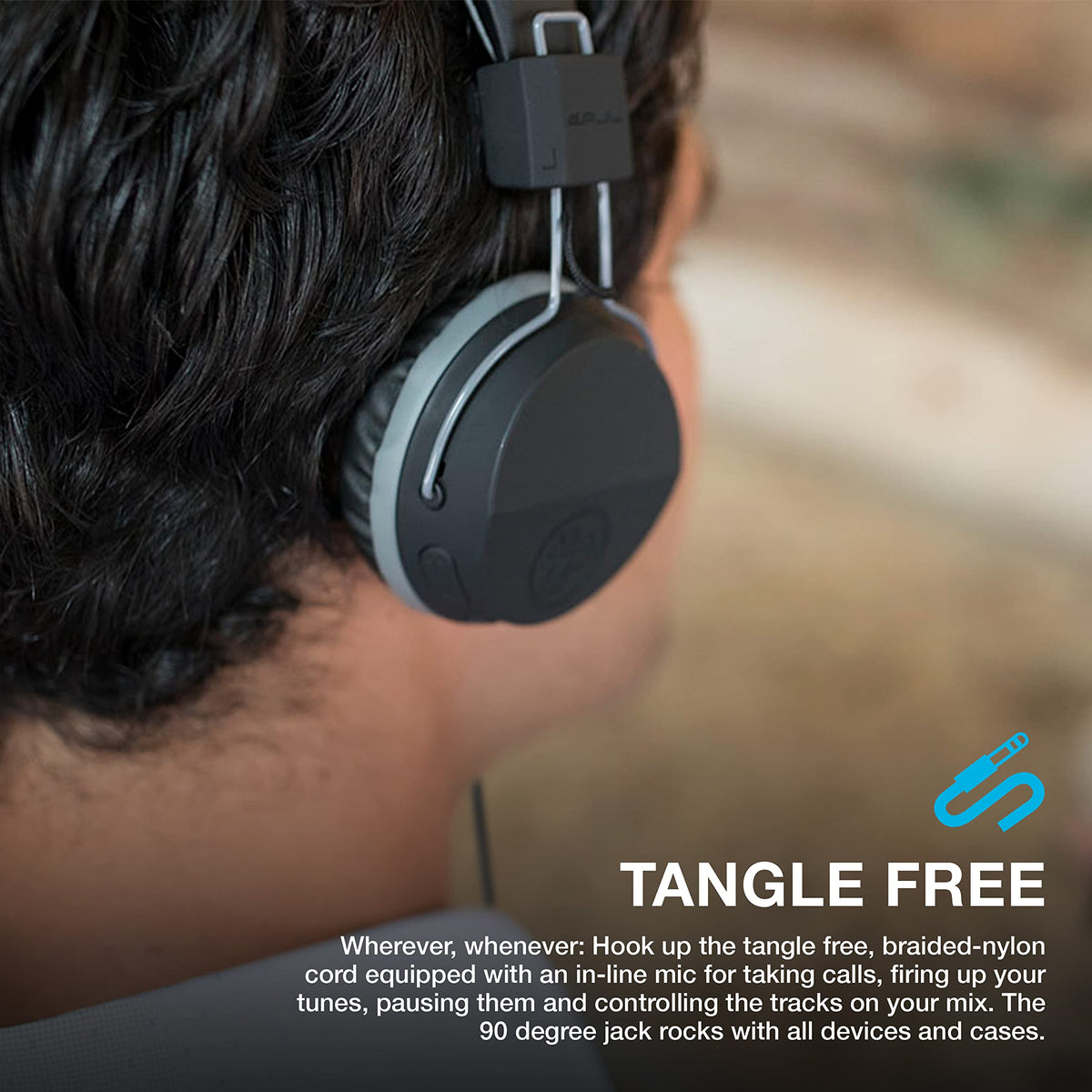 JLab Neon on-ear headphones with inline mic and controls for hands-free use.