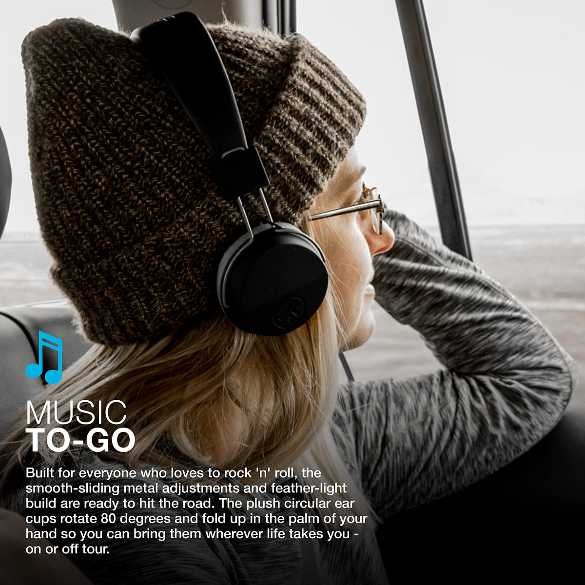 JLab Neon on-ear headphones featuring plush leather headband for extended wear.