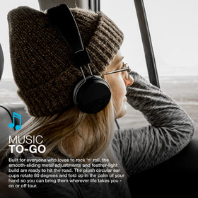 JLab Neon on-ear headphones featuring plush leather headband for extended wear.