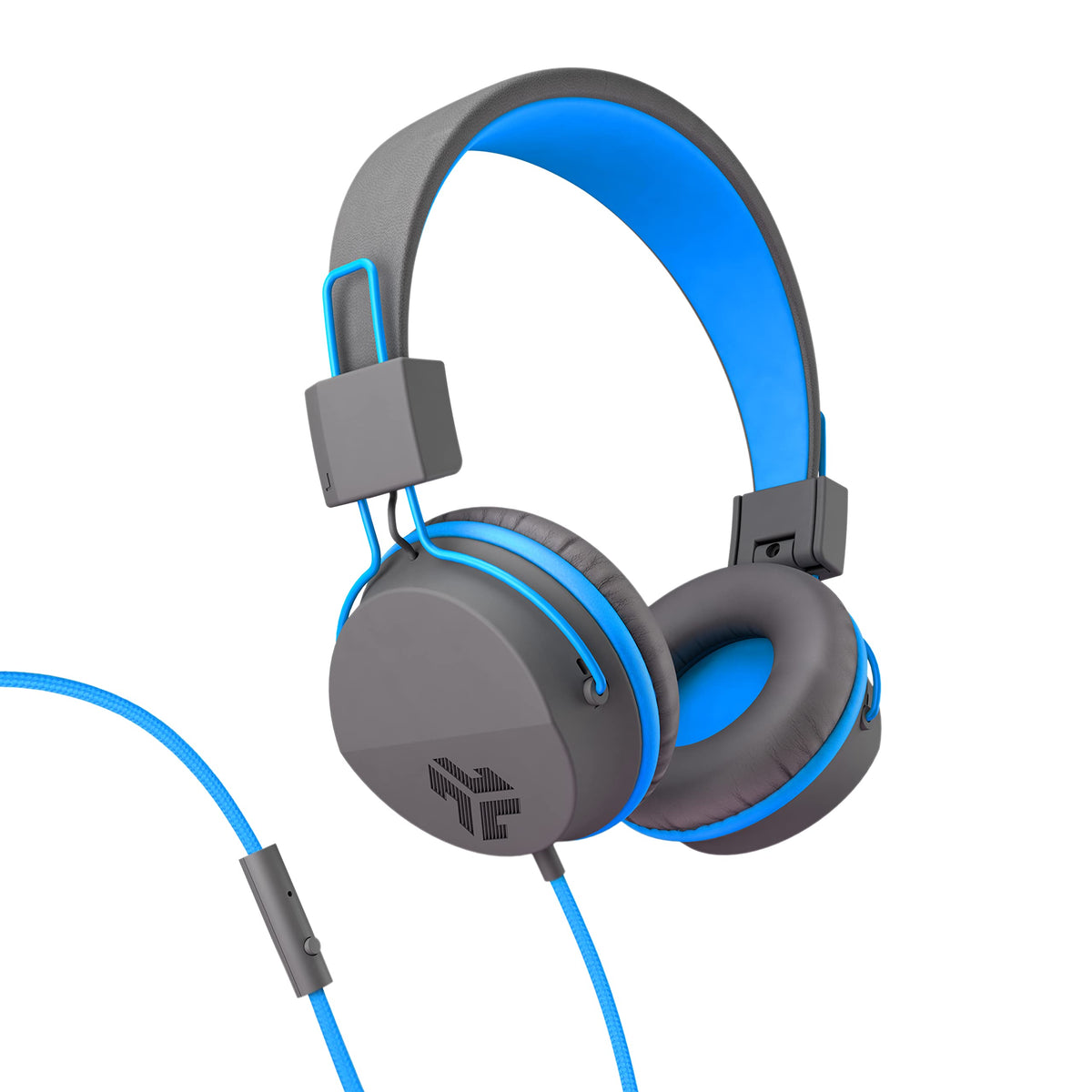 JLab Neon on-ear headphones close-up in graphite/blue delivering immersive sound for daily listening.