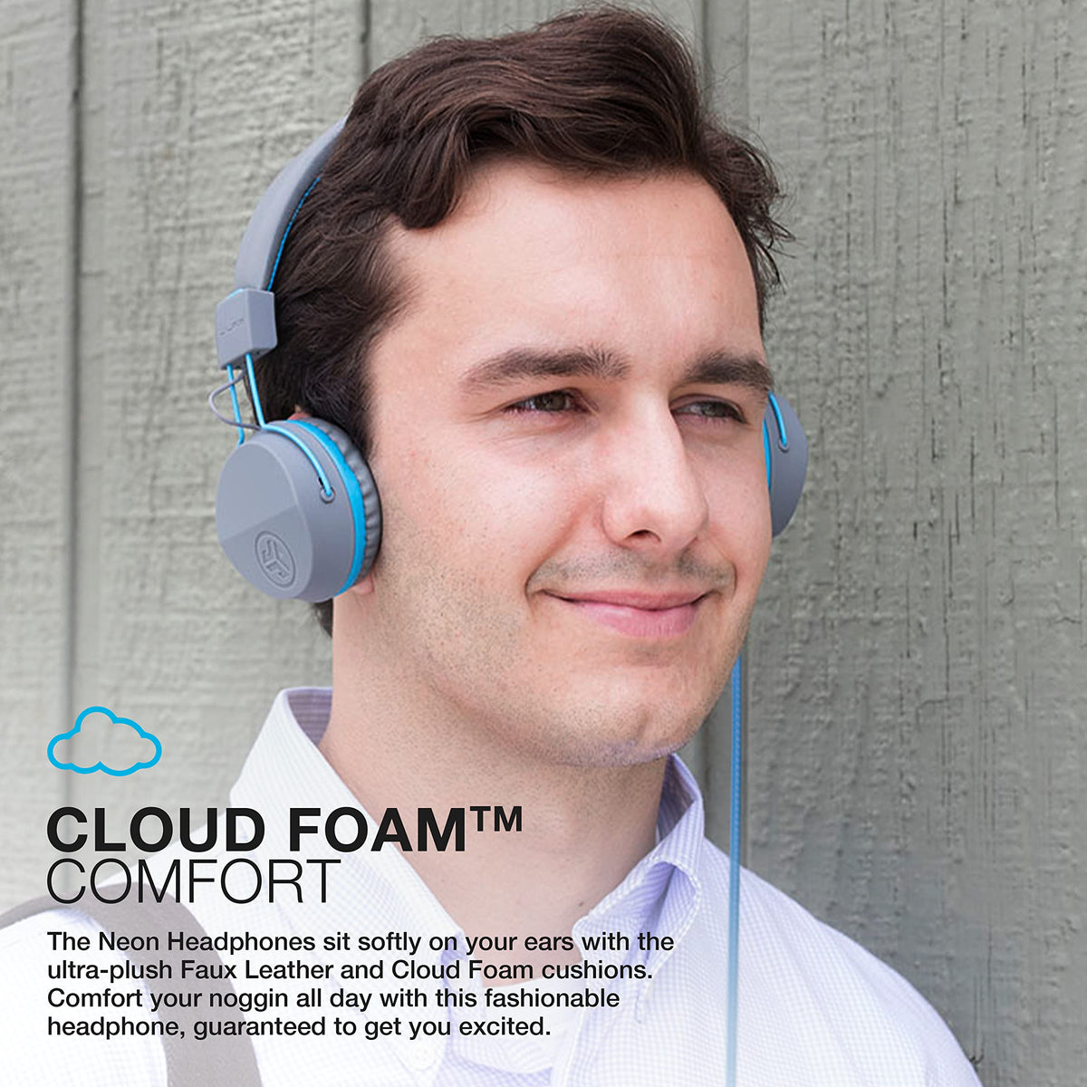JLab Neon on-ear headphones worn for comfort with stainless steel headband and plush cushions.