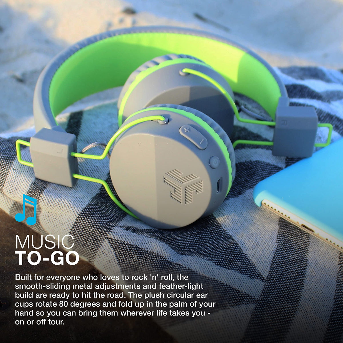 JLab Neon side profile highlighting on-ear controls and easy track management