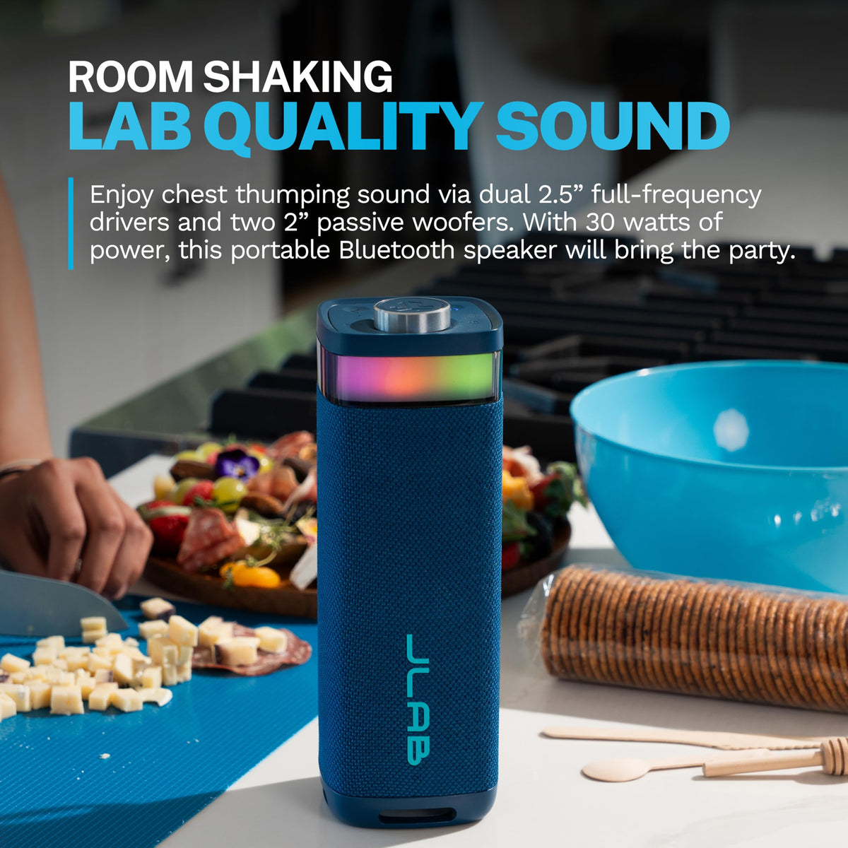 JLab Party side controls for quick volume and power adjustments.