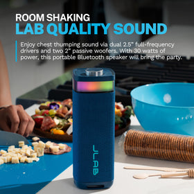 JLab Party side controls for quick volume and power adjustments.