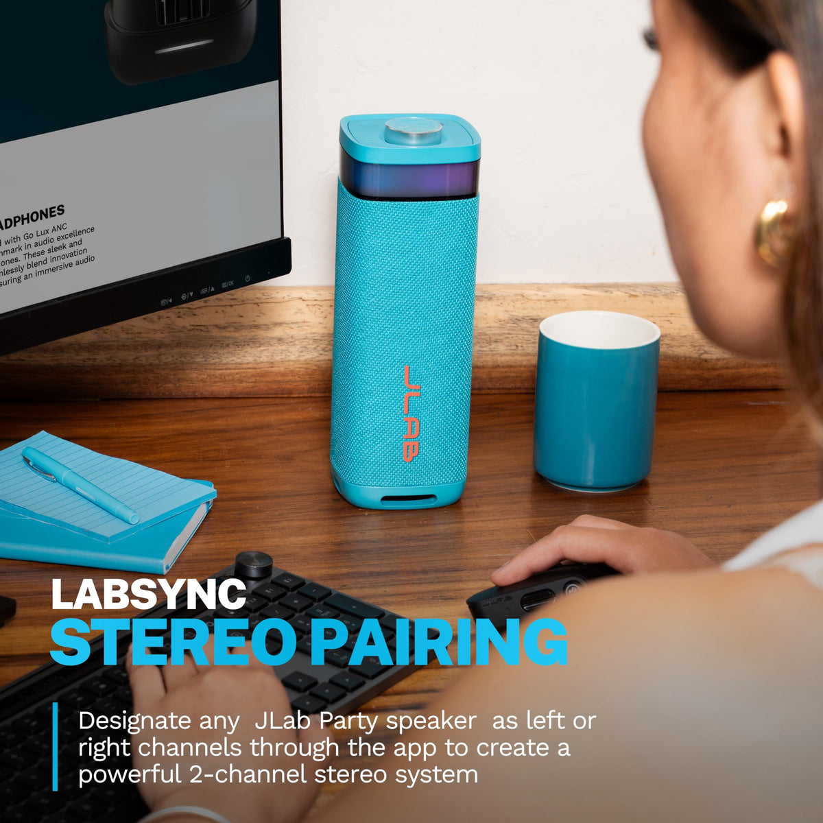 JLab JBuds Party speaker delivering 30W power for outdoor spaces.