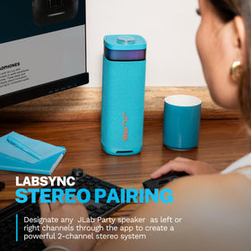 JLab JBuds Party speaker delivering 30W power for outdoor spaces.