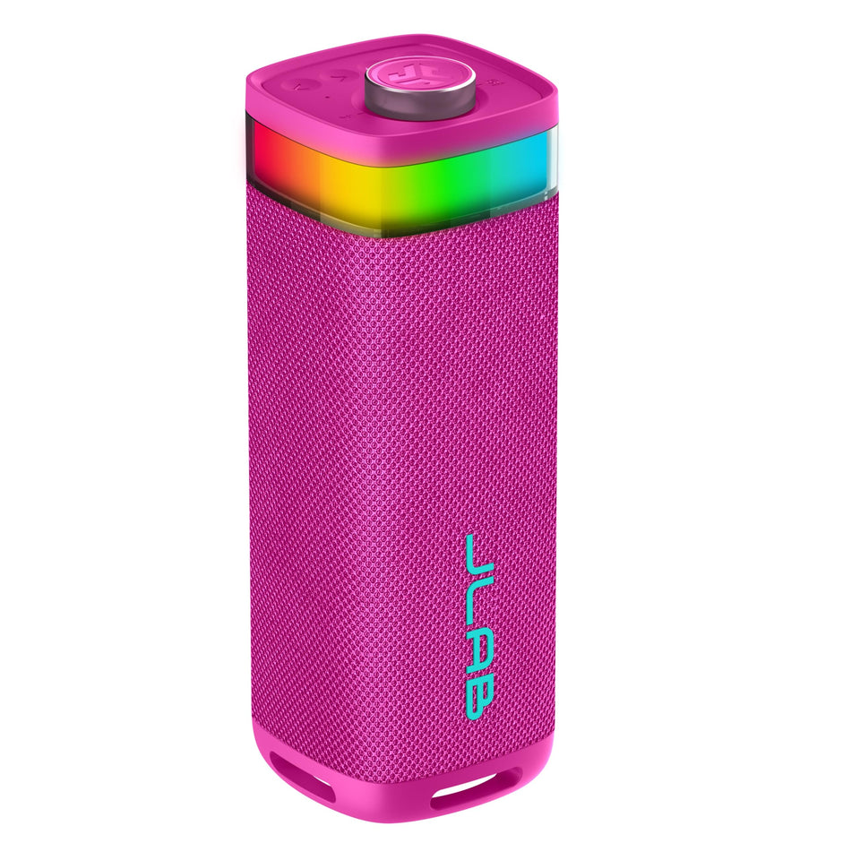 JLab JBuds Party pink front view showing bold 30W sound for outdoor gatherings