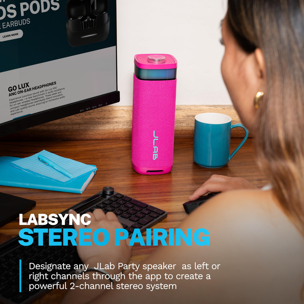 JLab JBuds Party pink IP56 waterproof design resisting splashes and rain