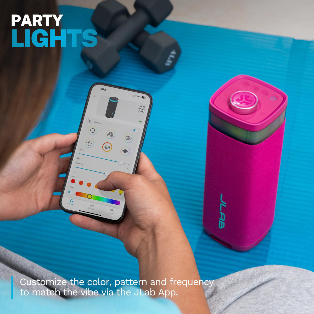 JLab JBuds Party pink side view with integrated handle for easy carry