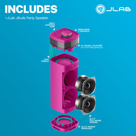 JLab JBuds Party pink two-speaker stereo pairing for wider soundstage