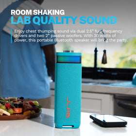 JLab JBuds Party speaker showing vibrant RGB lighting for outdoor ambiance.