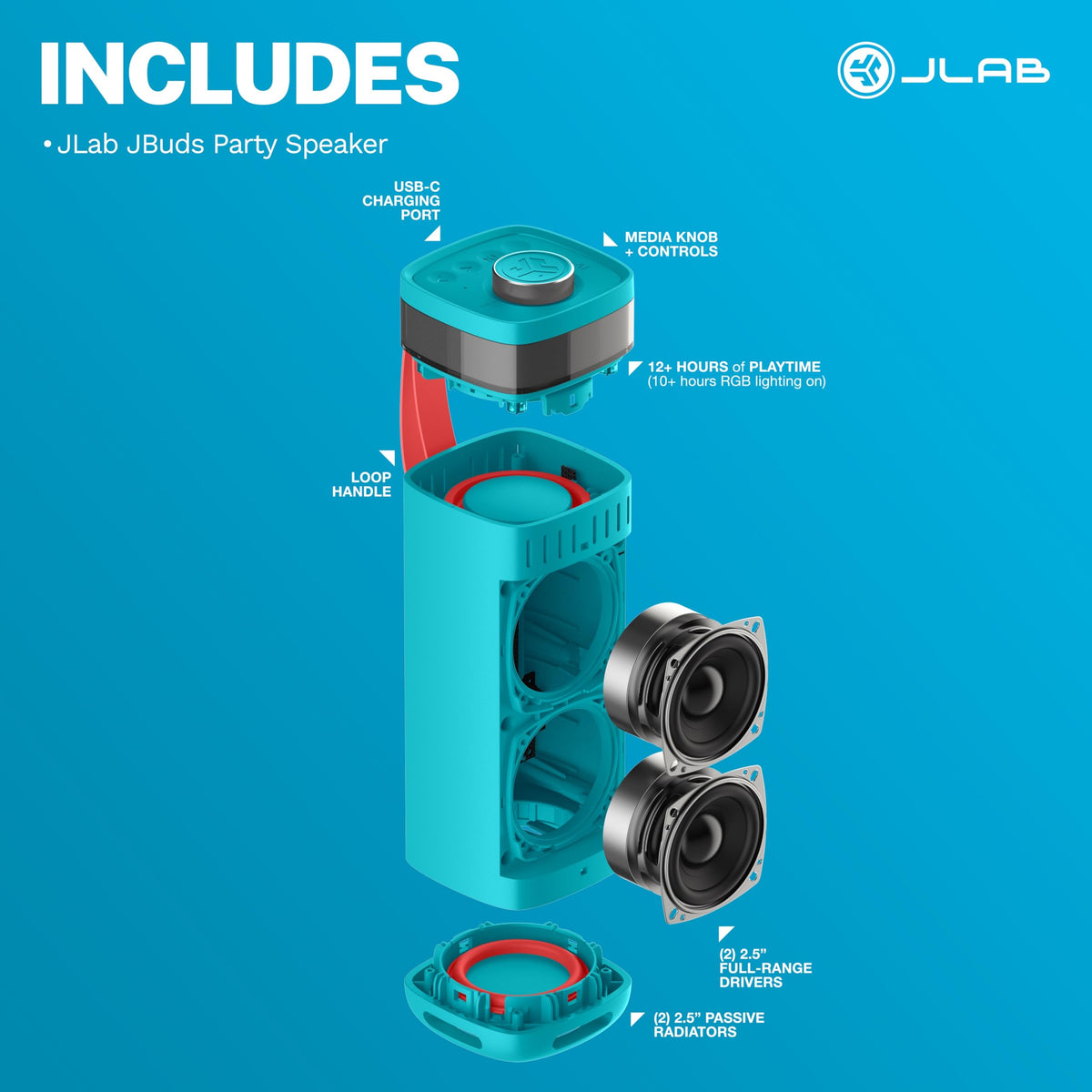 JLab JBuds Party in stereo pair mode for true two-channel audio.