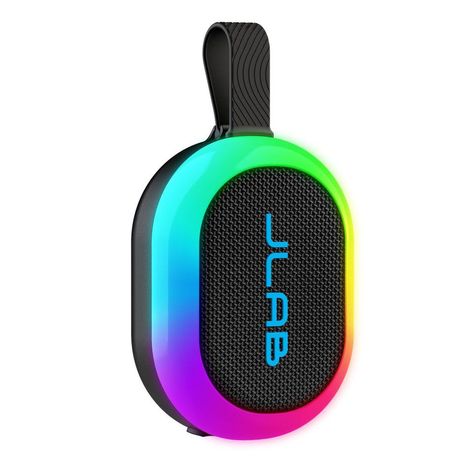 JLab Pop Party front view showing compact speaker and clear branding, perfect portability