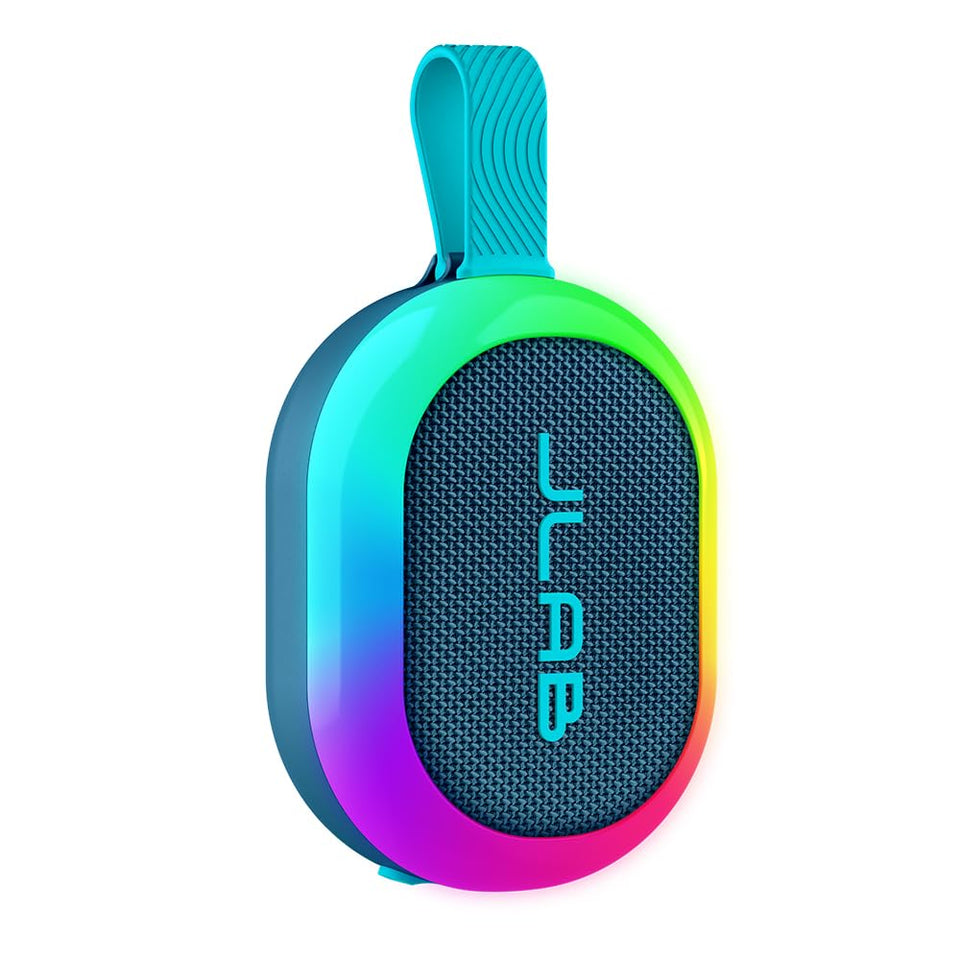 JLab Pop Party front view showing controls and compact form for portable convenience