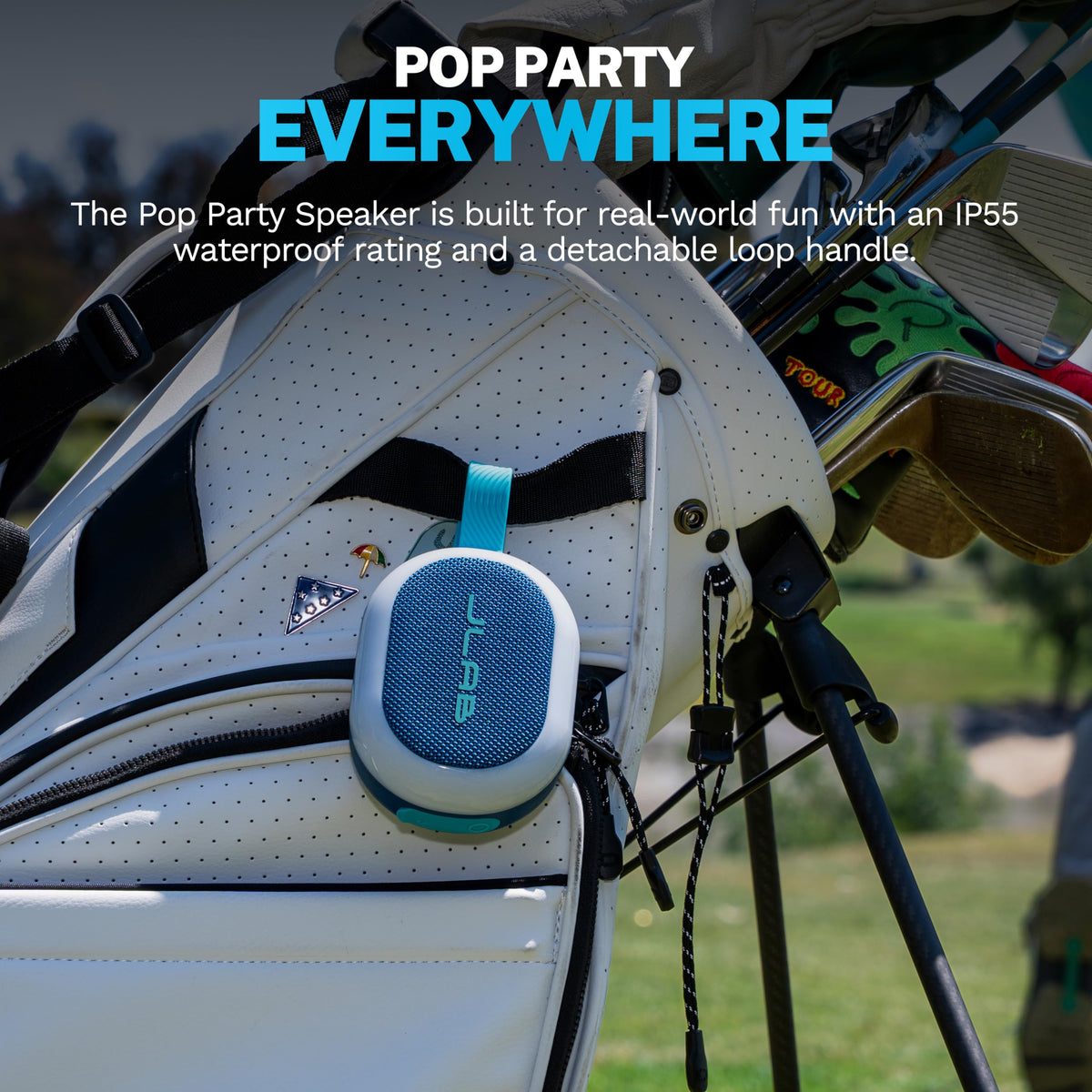 JLab Pop Party inside a backpack illustrating scale and grab-and-go portability