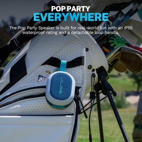JLab Pop Party inside a backpack illustrating scale and grab-and-go portability