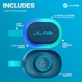 JLab Pop Party displayed with JLab App on phone for sound and light customization