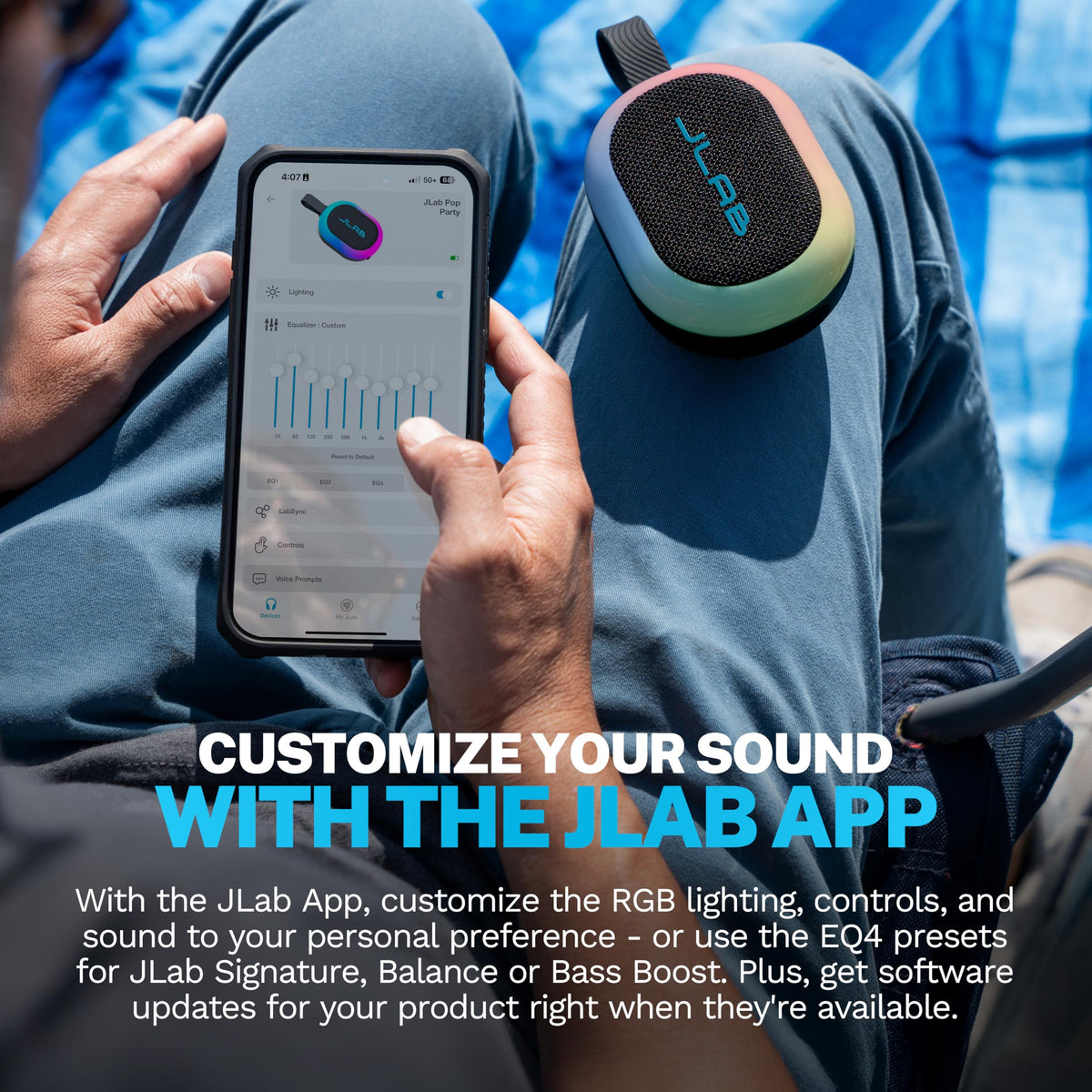 JLab Pop Party paired speakers synced via LabSync, multiplies sound and light impact