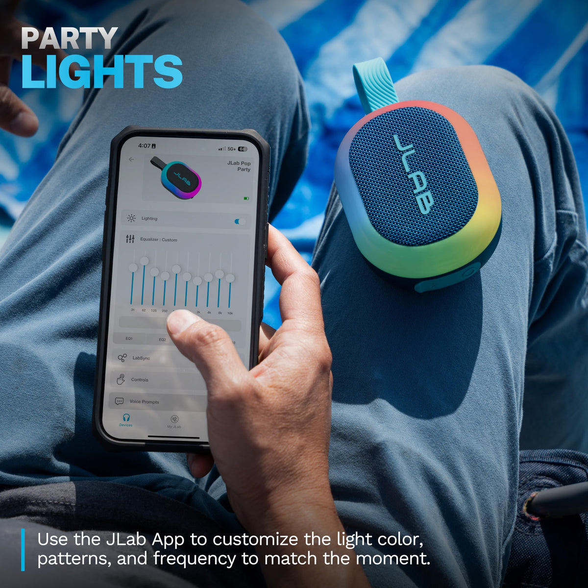 JLab Pop Party vibrant RGB lighting patterns creating mood and visual sync with music