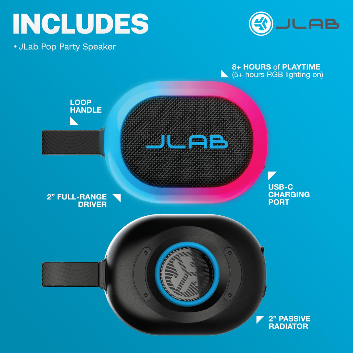 JLab Pop Party next to water bottle for scale, compact size ideal for travel