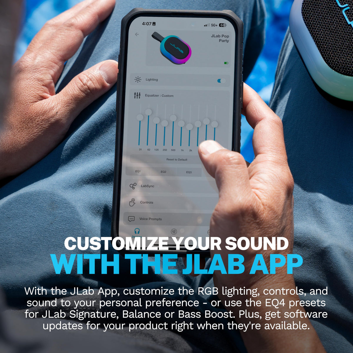 Two JLab Pop Party speakers paired showing LabSync stereo and wider sound
