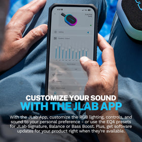 Two JLab Pop Party speakers paired showing LabSync stereo and wider sound