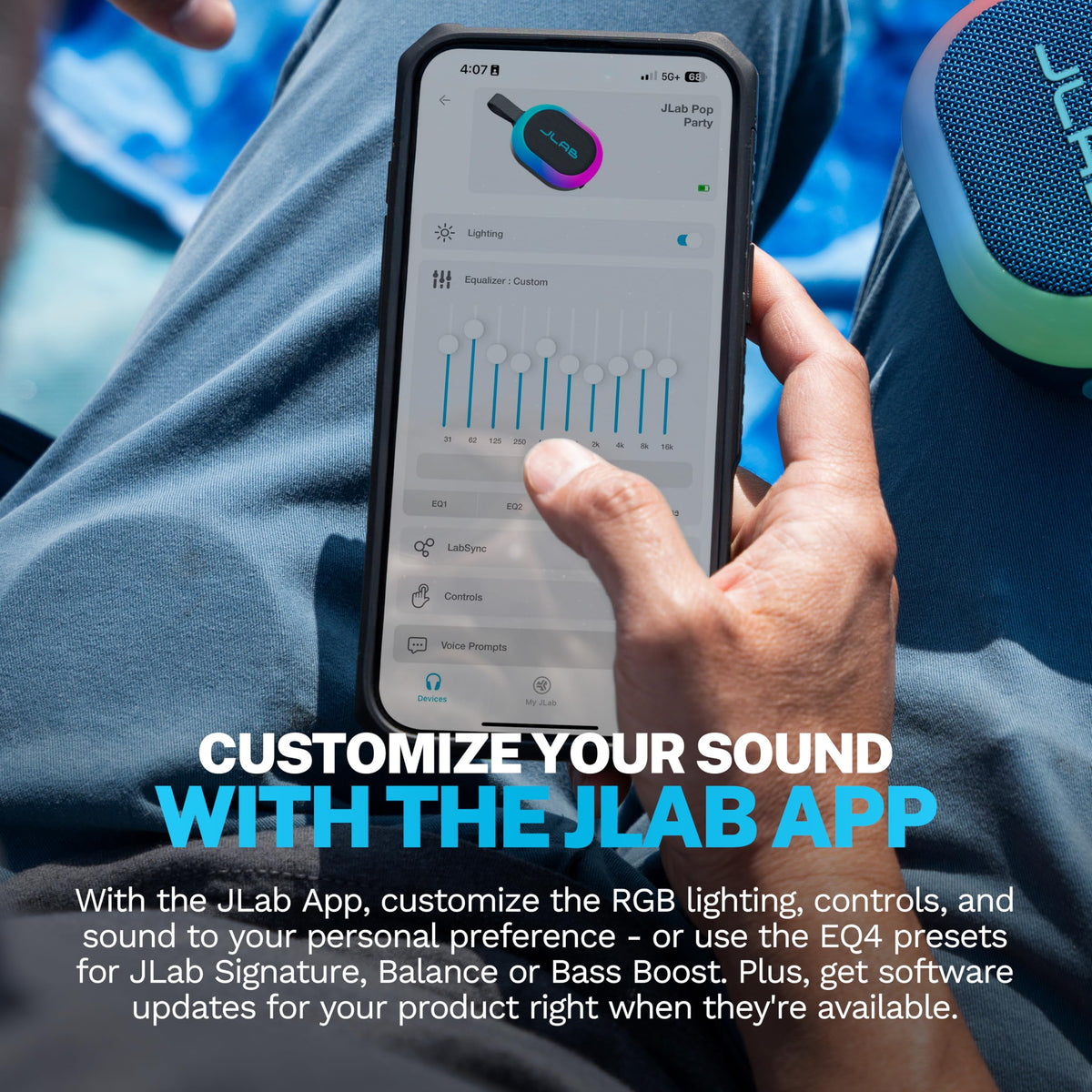 Two JLab Pop Party speakers paired showing LabSync stereo pairing for wider soundstage