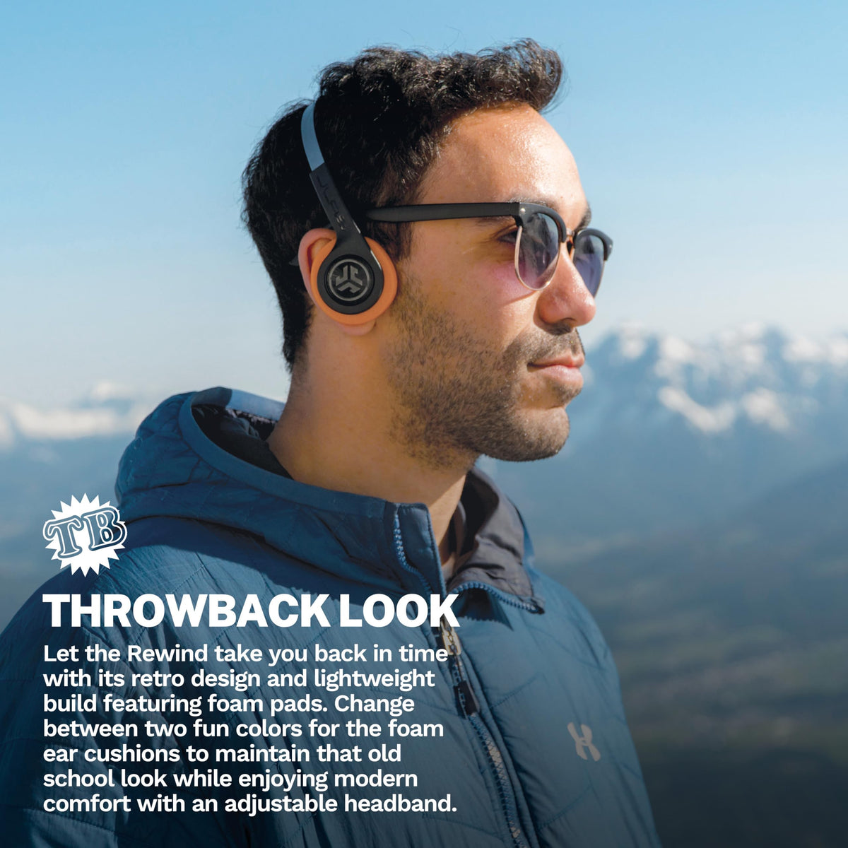JLab Rewind 2 side profile displaying adjustable headband and fit benefit