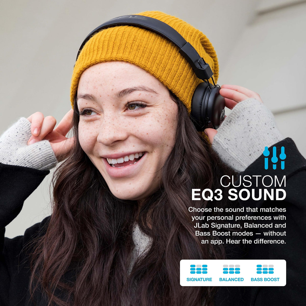 JLab Studio EQ3 sound modes switch for personalized listening across genres.