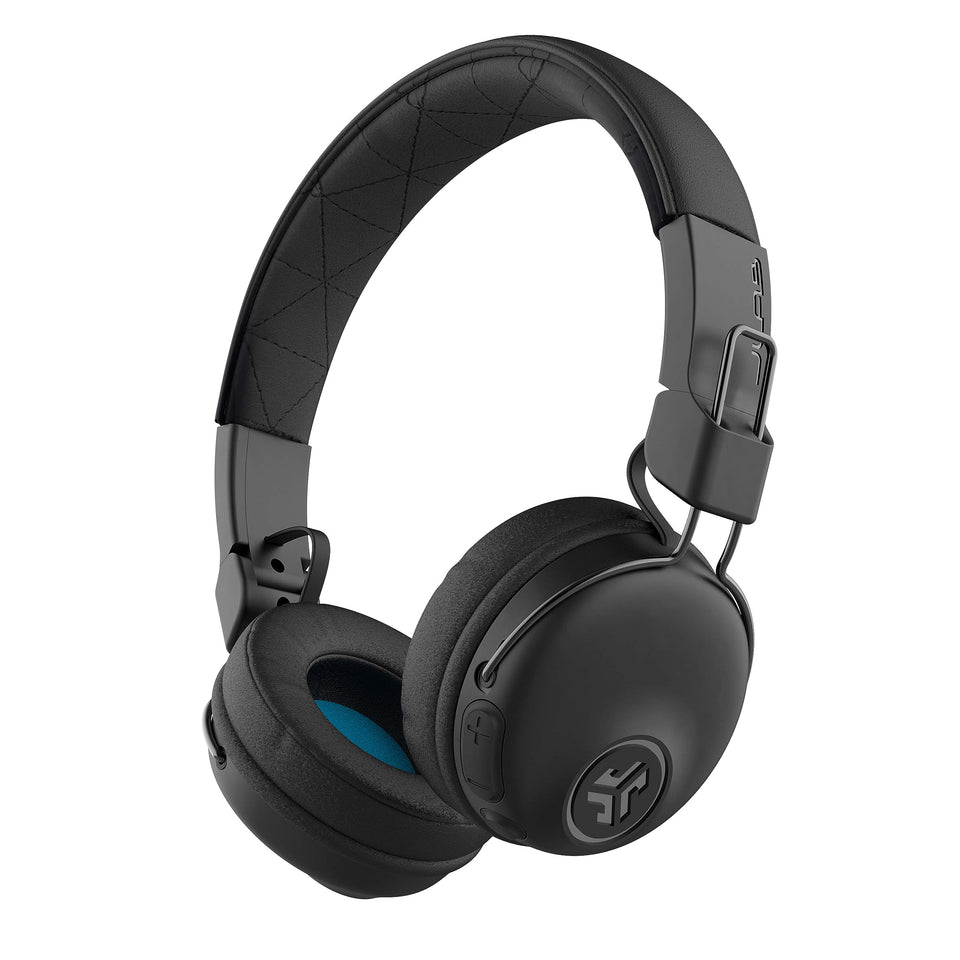 JLab Studio+ Gen 2 on-ear headphones folded for travel and compact storage.