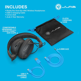 JLab Studio Pro ANC headphones highlighting soft faux-leather ear cups for all-day wear.