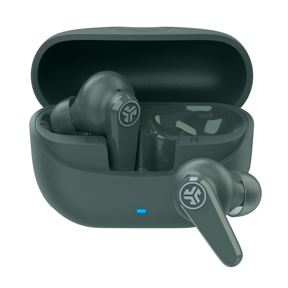 JLab Go Pods ANC front view showing sage finish and compact design for comfortable wear
