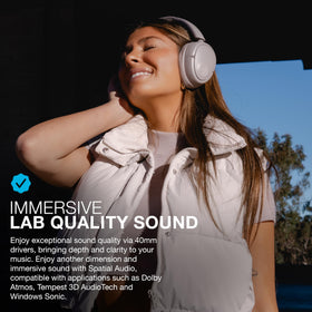 Close-up of JBuds Lux ANC earcups highlighting comfort and soft padding