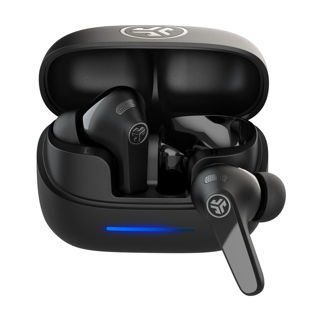 JLab JBuds Pods ANC earbuds nestled in case for secure storage and power