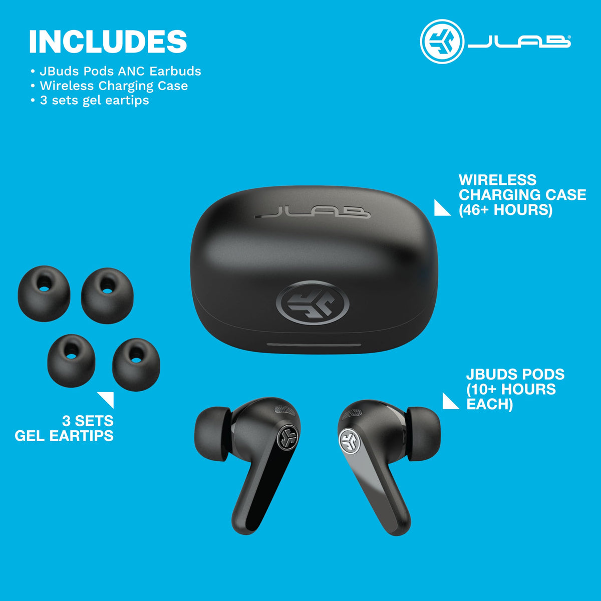 JLab JBuds Pods ANC worn during exercise showing IP55 sweat resistance