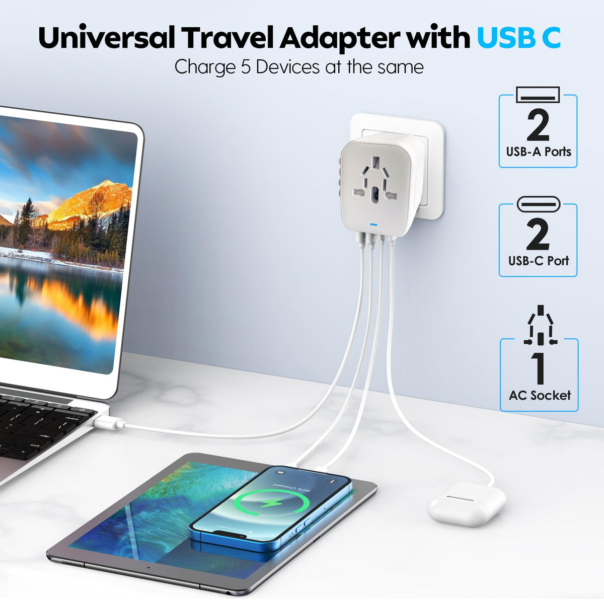 JMFONE multi-socket design enables simultaneous charging of several devices