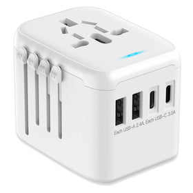 JMFONE universal travel adapter with 2 USB-C ports and 2 USB-A ports for worldwide charging