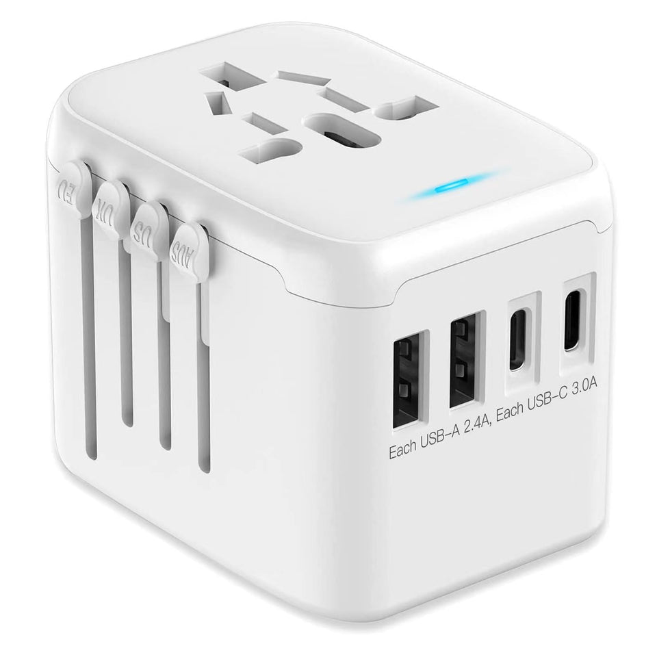 JMFONE universal travel adapter with 2 USB-C ports and 2 USB-A ports for worldwide charging